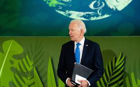 US President Joe Biden stands before speaking at the Action on Forests and Land Use session, during the COP26 UN Climate Change Conference in Glasgow on November 2, 2021. 
