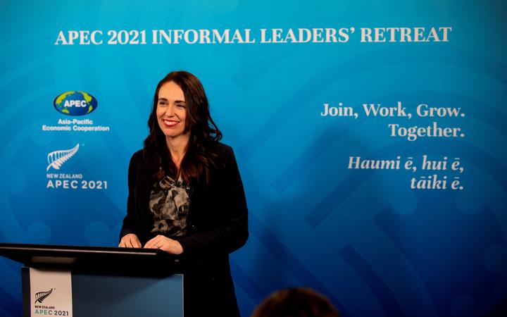 Prime Minister Jacinda Ardern speaks at a press conference after the APEC Informal Leaders' Retreat at the Majestic Centre in Wellington.