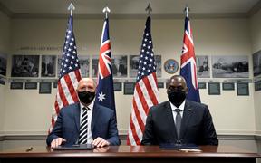 U.S Secretary of Defense Lloyd J Austin III and Australian Minister of Defence Peter Dutton pose for photo before their Bilateral Meeting at the State Department in Washington, U.S., September 16, 2021. 