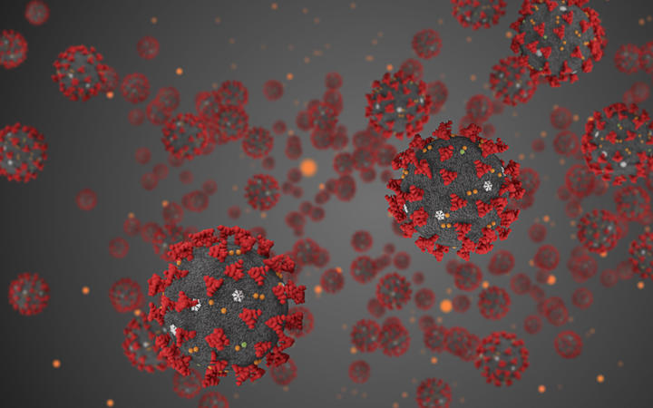 3D rendering, coronavirus cells covid-19 influenza flowing on grey gradient background as dangerous flu strain cases as a pandemic medical health risk concept of disease cells risk