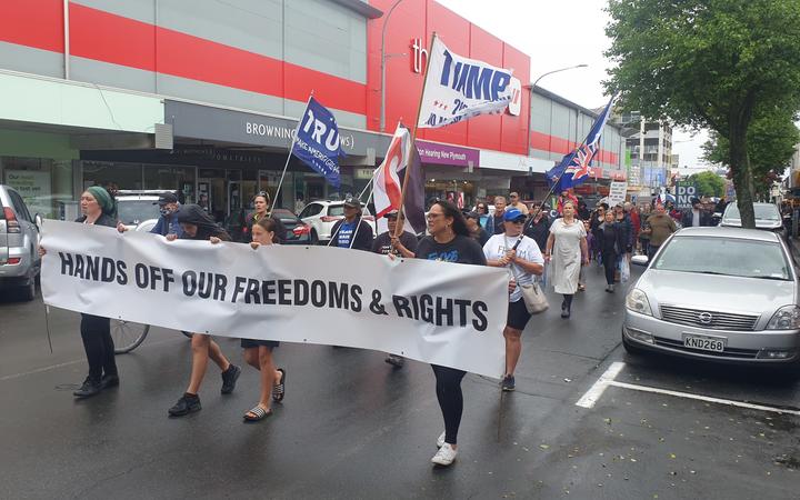 About 200 anti-vaxxer protesters march in New Plymouth on 4 December 2021