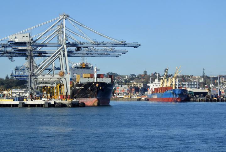 AUCKLAND - JULY 12 2018:Freight ship in Ports of Auckland. its New Zealands largest commercial port handling more than NZ$20 billion of goods per year