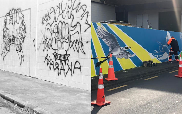 Graffiti in Māngere, September 1980, left, and a new mural being painted this year in Manurewa's Southmall. 