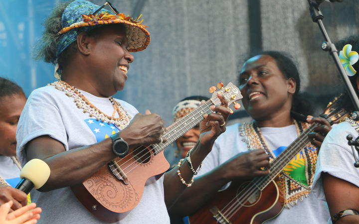 Glorious Oxenham, left, performing with the Solomon Islands community at the Wellington Pasifika Festival in January 2021. Oxenham has been honoured for her services to the Melanesian community in Aotearoa.