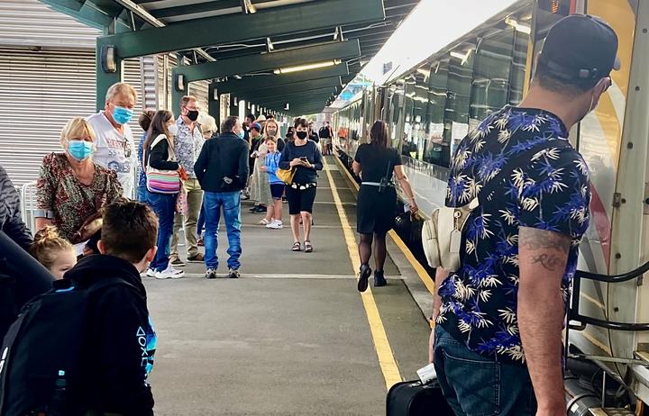 Passengers board the TranzAlpine which resumed service on 14 January, 2022 after a period of Covid-19 restrictions forced it to be suspended. 