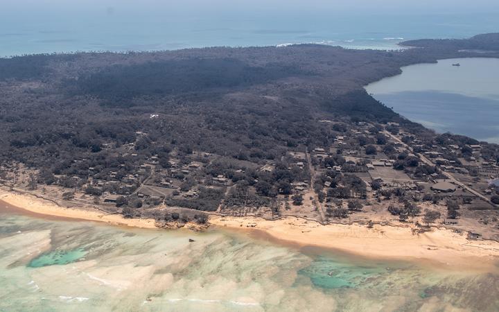 A view over an area of Tonga that shows the heavy ash fall from the recent volcanic eruption within the Tongan Islands.