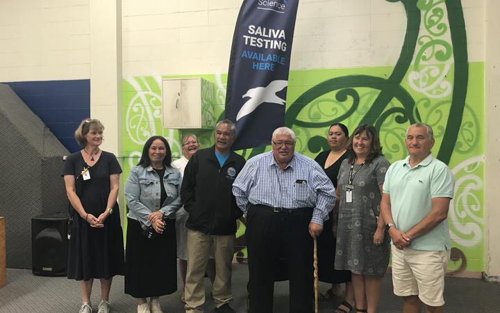 (From left) Helen Connole, Māori Party co-leader Debbie Ngarewa-Packer, Tūpoho Social Services manager Tracey Waitokia, Ngāti Ruanui chair Ngapari Nui, Te Rūnanga o Te Awa Tupua chair John Maihi, Te Ranga Tupua iwi collective co-chair Sheena Maru, Louise Allsopp and Tūpoho chair Ken Mair.