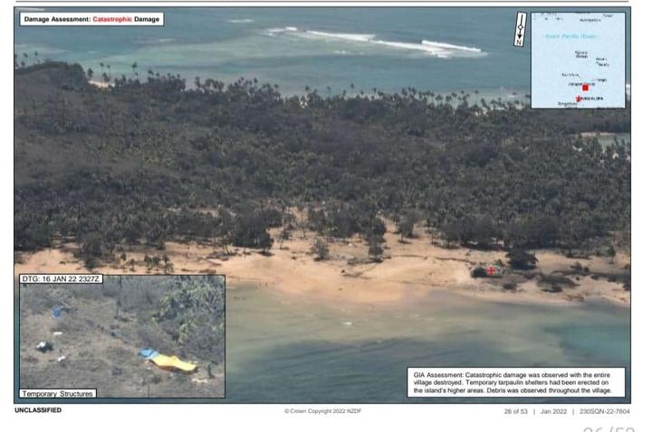 An aerial photo taken from a New Zealand Defence force P-3 Orion on January 16, 2022 shows Mango island in Tonga with no houses left after impact from a tsunami. The inset image shows some makeshift shelters.