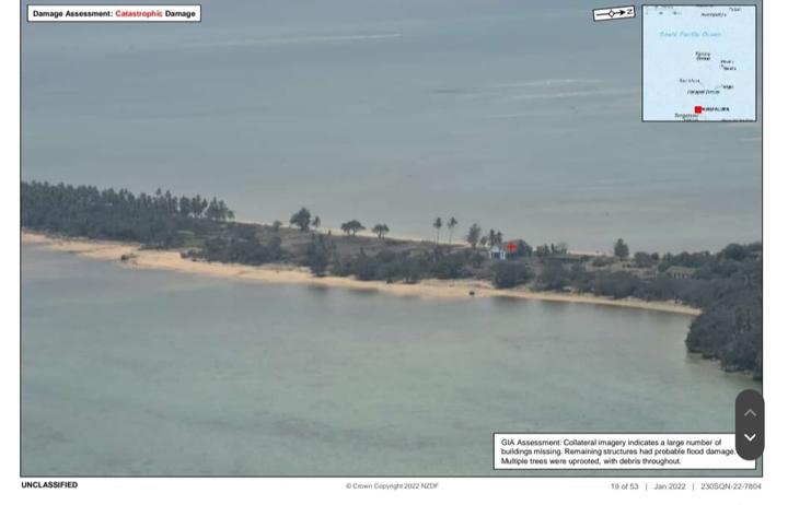 An aerial view of Atatā island taken by New Zealand Defence Force after the eruption of Hunga Tonga-Hunga Ha'apai and tsunami.