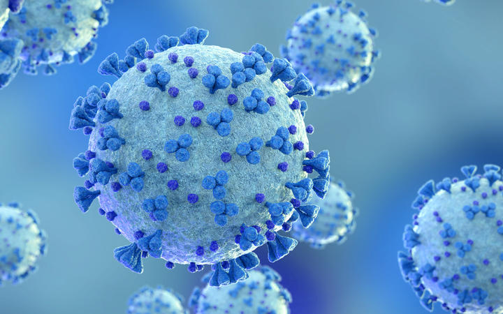 Microscopic close-up of the covid-19 disease. Blue Coronavirus illness spreading in body cell. 2019-nCoV analysis on microscope level 3D rendering