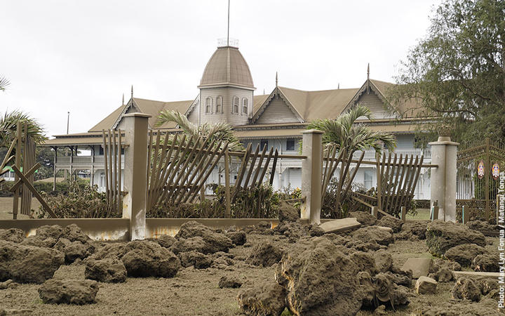 The seafront section of the Royal Palace in Nuku'alofa is blanketed in ash and there's damage to the fence and grounds from the tsunami that followed the volcanic eruption on January 15.