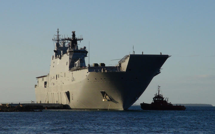 Australian Navy HMAS Adelaide docked at Vuna Wharf in Tonga's capital Nuku'alofa on January 26, 2022.