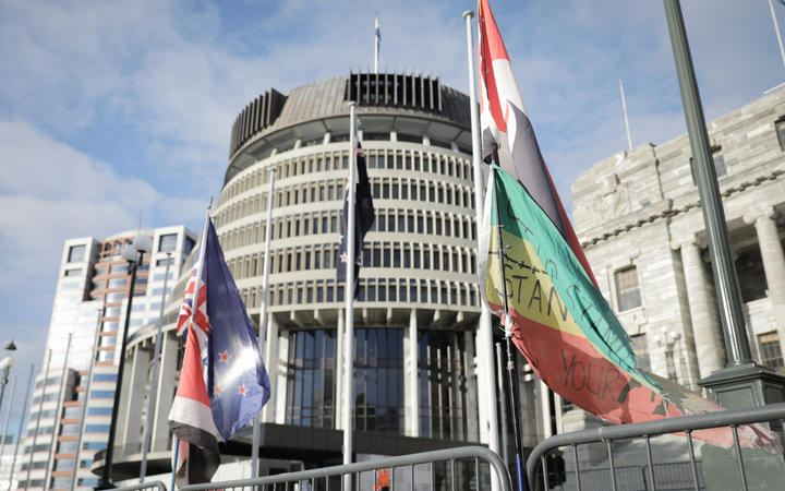 Protest flags, Parliament, 8 February 2022.