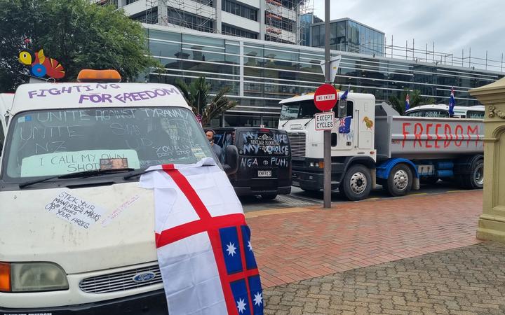 A truck and vans from the convoy covered protest messages.