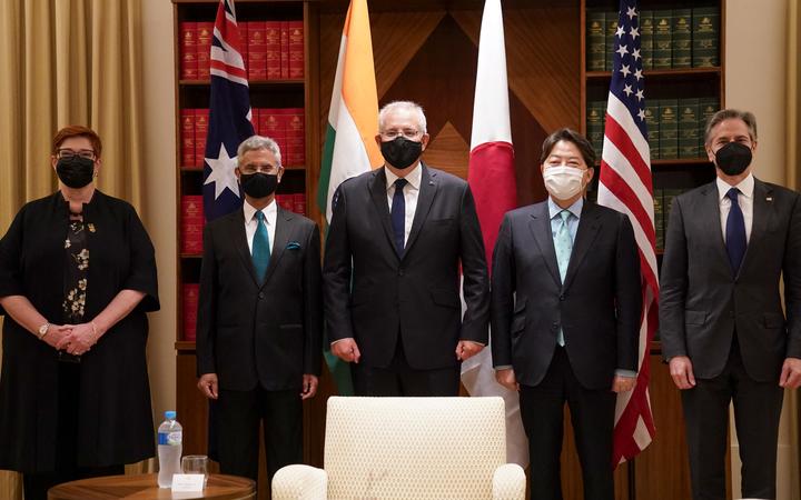 (L to R) Australian Foreign Minister Marise Payne, Indian Foreign Minister Subrahmanyam Jaishankar, Scott Morrison, Japan Foreign Minister Yoshimasa Hayashi and US Secretary of State Antony Blinken before Quad meeting of foreign ministers in Melbourne on February 11, 2022. 