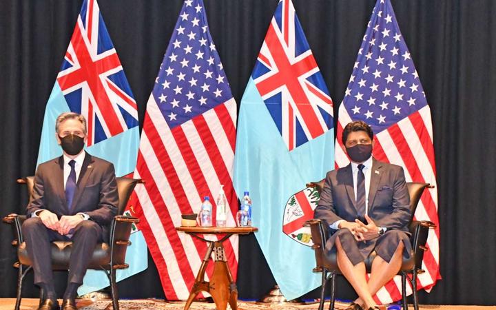 US Secretary of State Antony Blinken and Fiji's acting prime minister Aiyaz Sayed-Khaiyum,