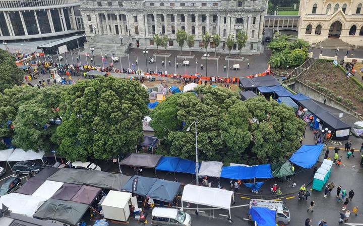 Protesters' vans and cars blocking Molesworth St outside Parliament grounds, and tarpaulin awnings set up on the road and footpath.
Caption:
No caption