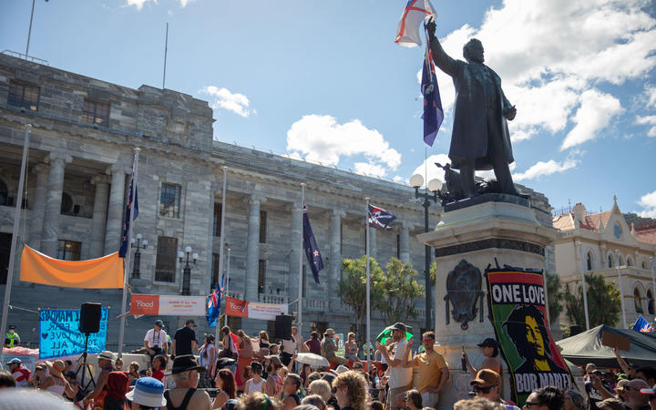 Anti-vaccine, anti-mandate protest in Wellington on Parliament grounds on ninth day - 16 February 2022.