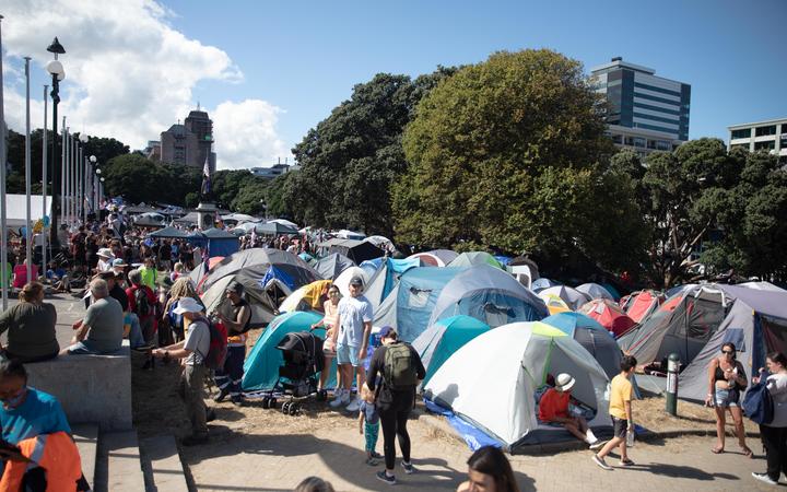 Anti-vaccine, anti-mandate protest in Wellington on Parliament grounds on 16 February 2022.