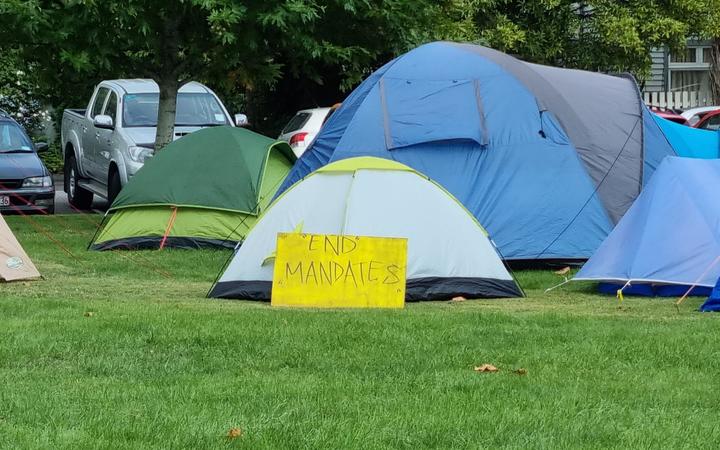 Tents and anti-mandate signs set up in Cranmer Square, Christchurch, 16 February 2022.