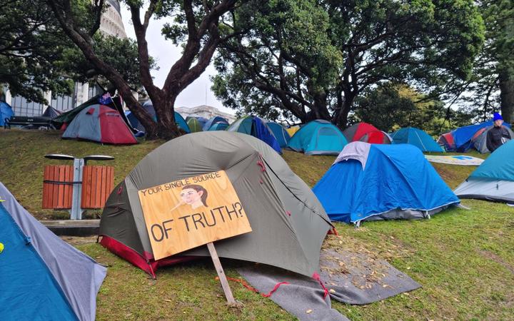 一个标志靠在议会抗议营地的帐篷上。