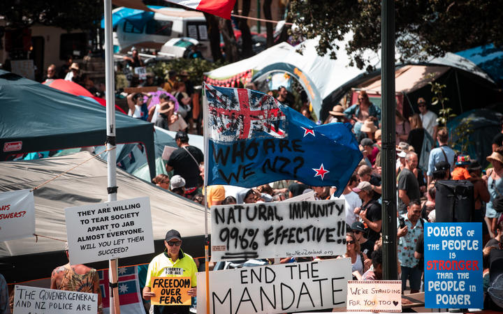 Protesters wave signs and flags outside Parliament, February 2022