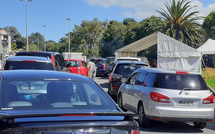 A long line of cars, many with children, queued for testing in the grounds of Whanganui Hospital yesterday. 