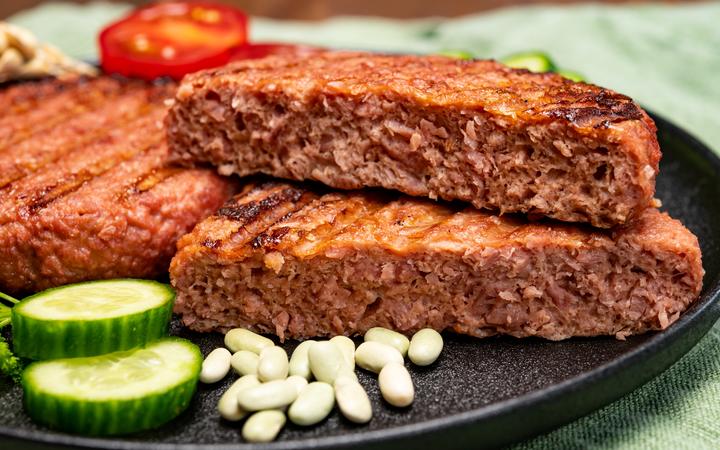 Source of fibre plant based vegan soya protein grilled burgers, meat free healthy food close up