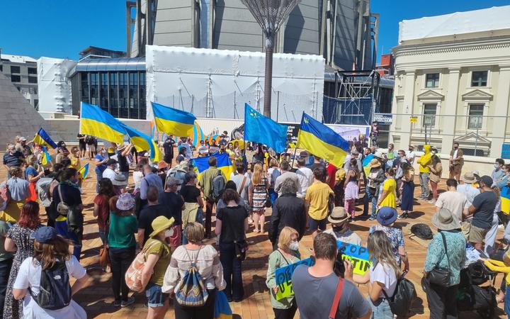 People in Wellington's Civic Square to protest against Russia's offensive in Ukraine.