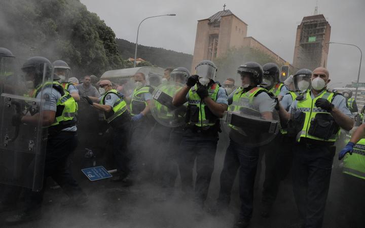 Police clash with protesters in Wellington during a pre-planned operation.