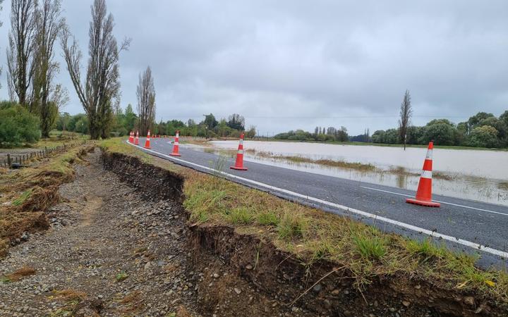 One side of Tikokino Road, near the town of Waipawa in Central Hawke's Bay, has been washed away while the other side has been flooded after heavy rain hit the region.