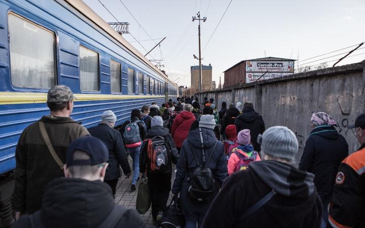 KRAMATORSK, UKRAINE - APRIL 6: Civilians gather at the train station to be evacuated from combat zones in Kramatorsk, Donetsk Oblast, in eastern Ukraine on April 6, 2022. 