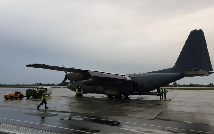 A Defence Force Hercules being readied to leave Whenuapai Air Base for Europe to help distribute donated military aid for Ukraine. 

