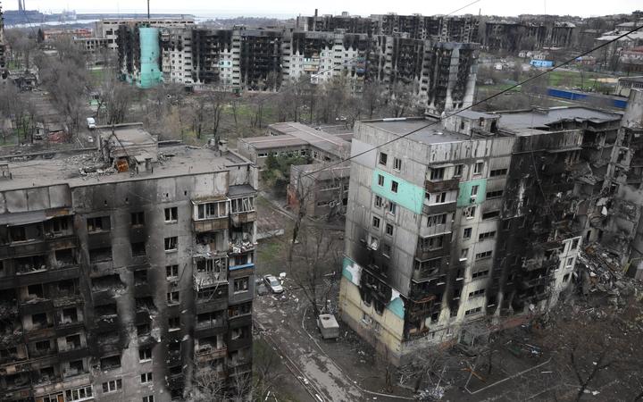 Residential buildings damaged by the shelling in Mariupol on 14 April, 2022.