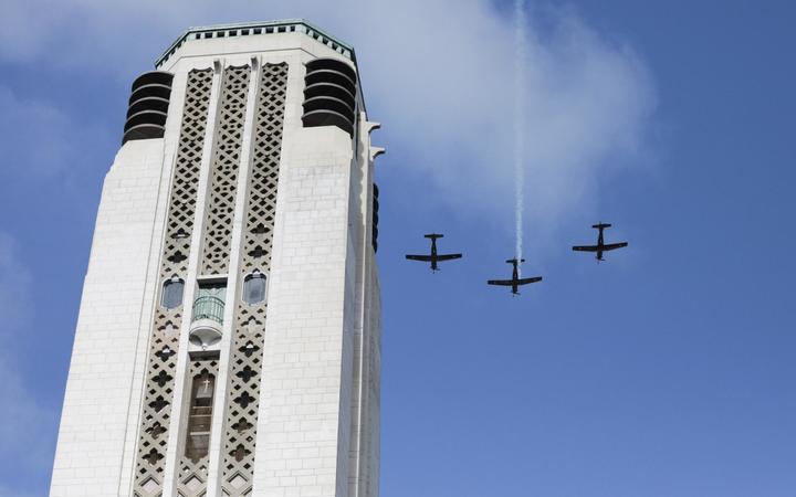 Airforce flyover at Pukeahu National War Memorial in Wellington on Anzac Day 2022.