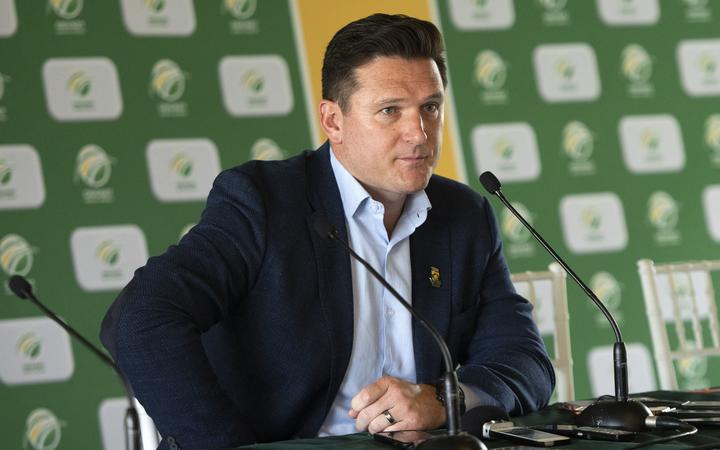 Graeme Smith, Cricket South Africa interim director of cricket and former Test captain, speaks during a press conference.