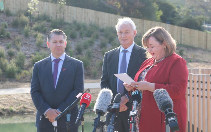 Mt Roskill MP Michael Wood, Auckland mayor Phil Goff and Housing Minister Megan Woods announce $1.4bn in funding to boost Auckland housing.