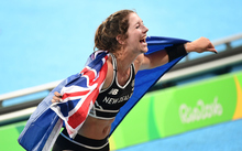 Pole vaulter Eliza McCartney celebrates after winning bronze at the Rio 2016 Olympics.