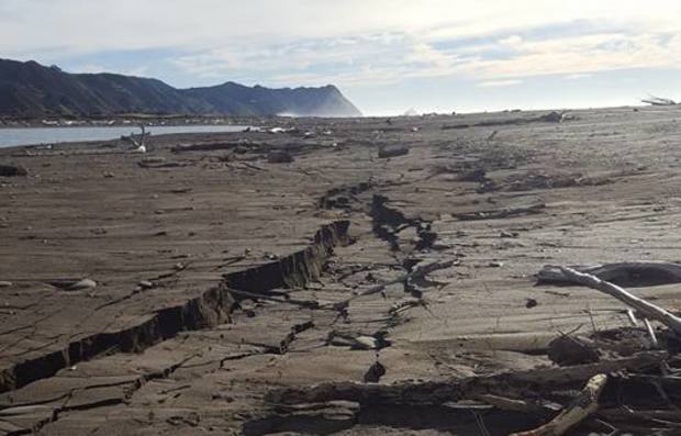 A 7.1 magnitude earthqauke left large cracks in the sand at Rangitukia Beach near Te Araroa.