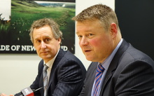 Silver Fern Farms CEO Dean Hamilton and board chair Rob Hewett at a special shareholders' meeting in Dunedin on 12 August 2016.