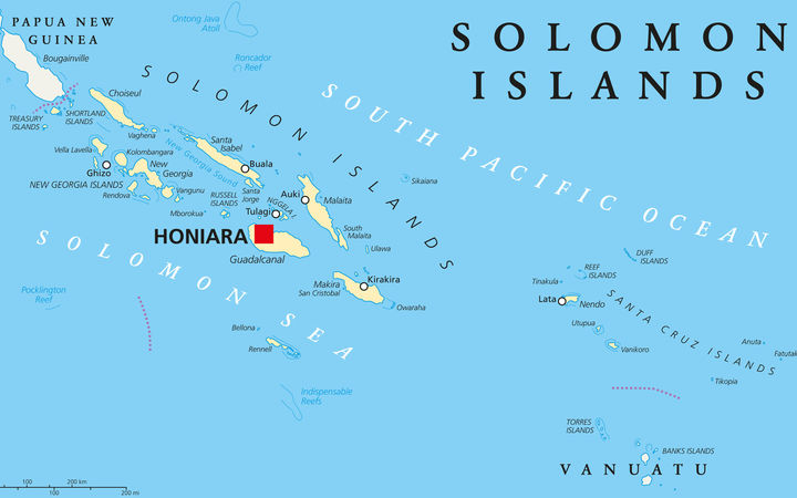 Solomon Islands political map with capital Honiara on Guadalcanal. Sovereign country consisting of six major islands in Oceania between Papua New Guinea and Vanuatu.