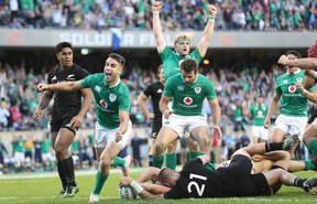 Ireland's Conor Murray celebrates Robbie Henshaw's try.