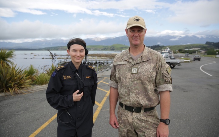 Staff Sergeant Simon Haughey, beach master for the evacuation, and Nicole Booth, lcws, in Kaikoura, cut off after the 7.5 magnitude earthquake that struck near Hanmer Springs. 