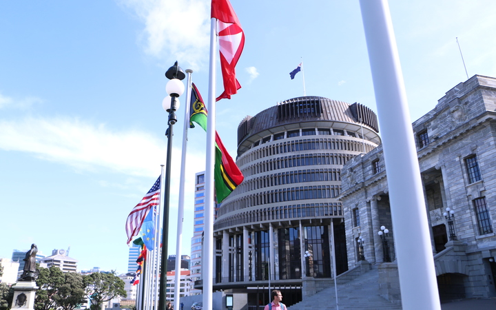 Pacific flags flying outside the New Zealand Parliament building in Wellington.