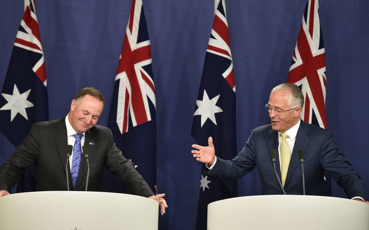 Australia's Prime Minister Malcolm Turnbull (R) and New Zealand Prime Minister John Key (L) hold a joint press conference in Sydney on February 19, 2016.