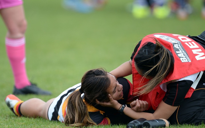 Waikato's Stacey Waaka is checked for concussion during the Women's Rugby NPC semifinal in October 2015. 