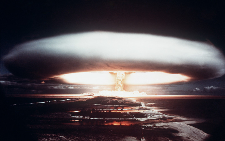 A 1971 nuclear explosion at Moruroa atoll.