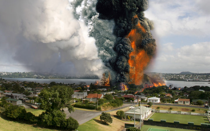 An image of a fictitious volcanic eruption in Auckland, produced as part of Exercise Ruamoko in 2008.