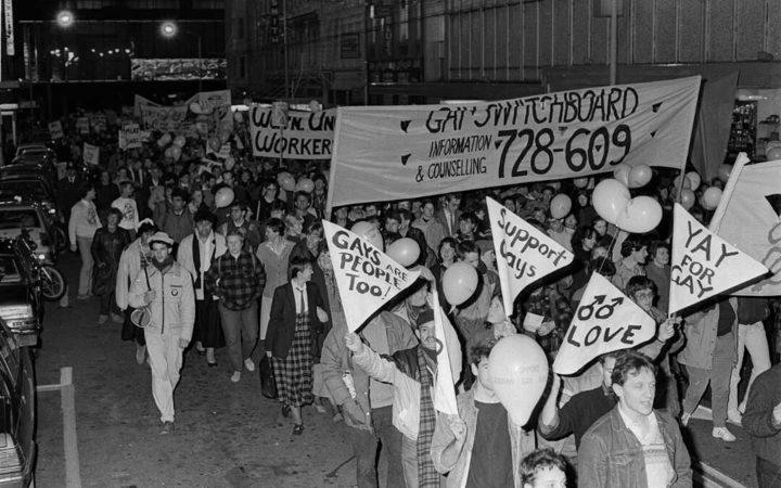 People march in Wellington in support of gay rights and homosexual law reform on 25 May 1985. 
