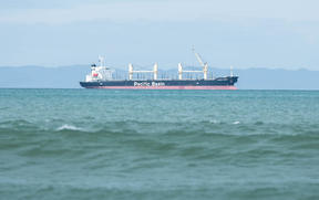 A Pacific Basin Shipping boat on the water in Gisborne the morning of the earlier 7.1 earthquake and subsequent tsunami warning in the area.